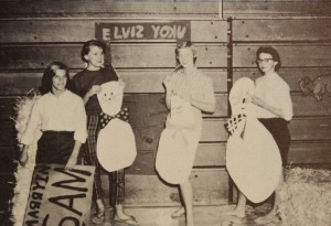 "It was that time of year again for the annual Sadie Hawkins dance. Here are some of the girls that were lucky enough to have caught their beaus for the dance." --1957 yearbook