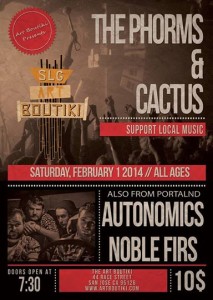 The Art Boutiki flyer featuring  The Phorms, Cactus, The Autonomics, and The Noble Firs.