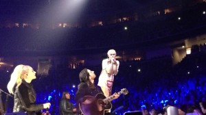 Miley Cyrus sings along with a guitarist during her 2/25 show at the SAP Center in San Jose, CA.
