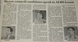 Mayor, council candidates speak in ALHS forum.  5/24/74